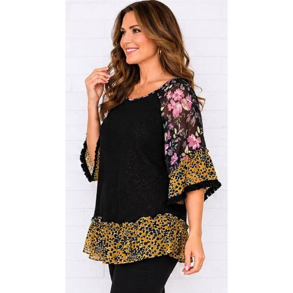 Umgee M 8 10 12 Black Waffle Knit Chiffon Leopard Floral Sleeves Hem Flowy Top